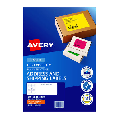 Avery L7163FO Fluoro Orange High Visibility Shipping Labels for Laser Printers - 99.1 x 34mm  - 16 Labels per Sheet - Pack of 25