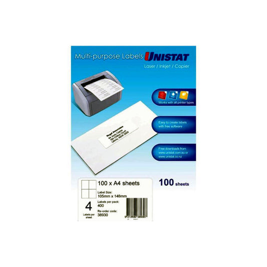 Avery - Unistat Laser Inkjet Printer Labels - 105 x 148 mm - 4 Labels per Sheet - Box of 100 Sheets