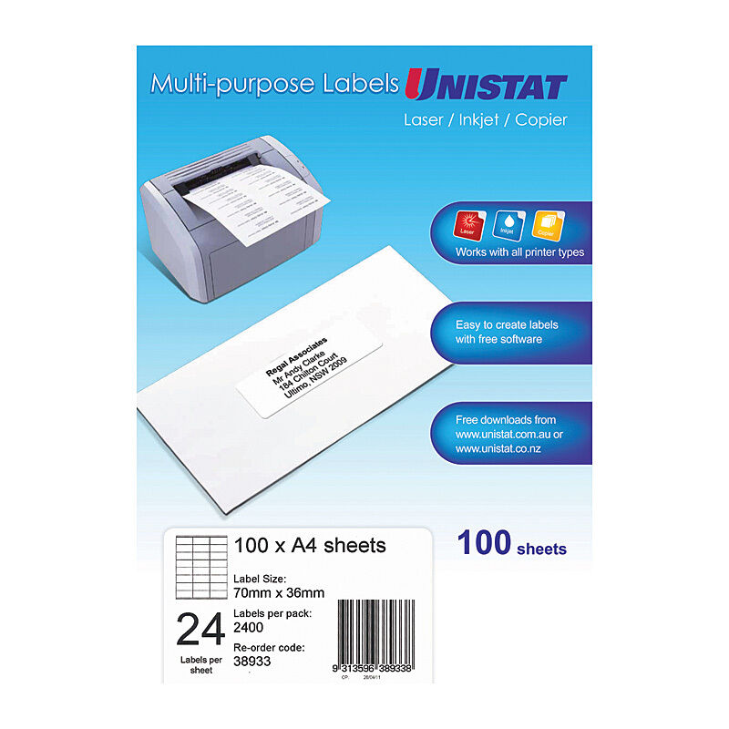 Avery - Unistat Laser Inkjet Printer Labels - 70 x 36mm - 24 Labels per Sheet - Box of 100 Sheets