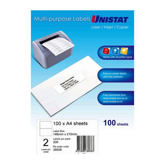 Avery - Unistat Laser Inkjet Printer Labels - 148 x 210mm - 2 Labels per Sheet - Pack of 100 Sheets