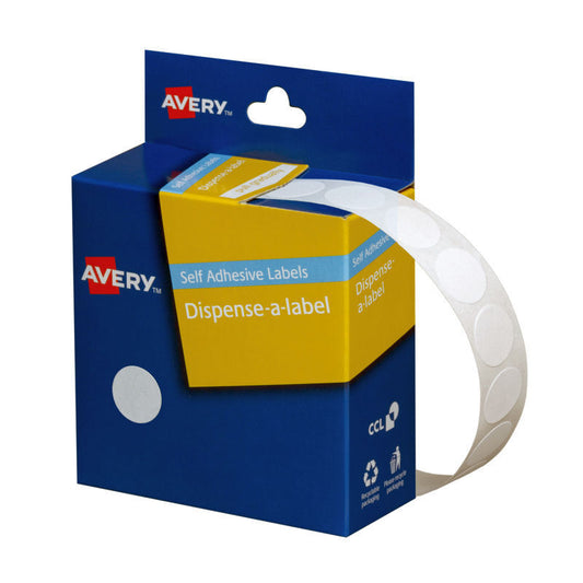 Avery White Round Labels in Dispenser - 14 mm Diameter - Roll of 1200 Labels