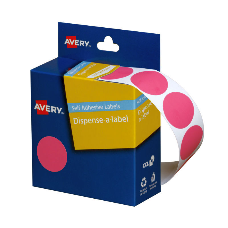 Avery Pink Round Labels in Dispenser - 24mm Diameter - Roll of 500 Labels
