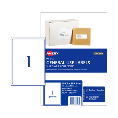 Avery L7167GU General Use Labels - 199.6 x 289.1mm - Full Sheet - 1 Label per Sheet - Pack of 100 Sheets