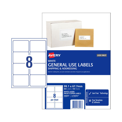 Avery L7165GU General Use Labels - 99.1 x 67.7mm - 8 Labels per Sheet - Pack of 100 Sheets