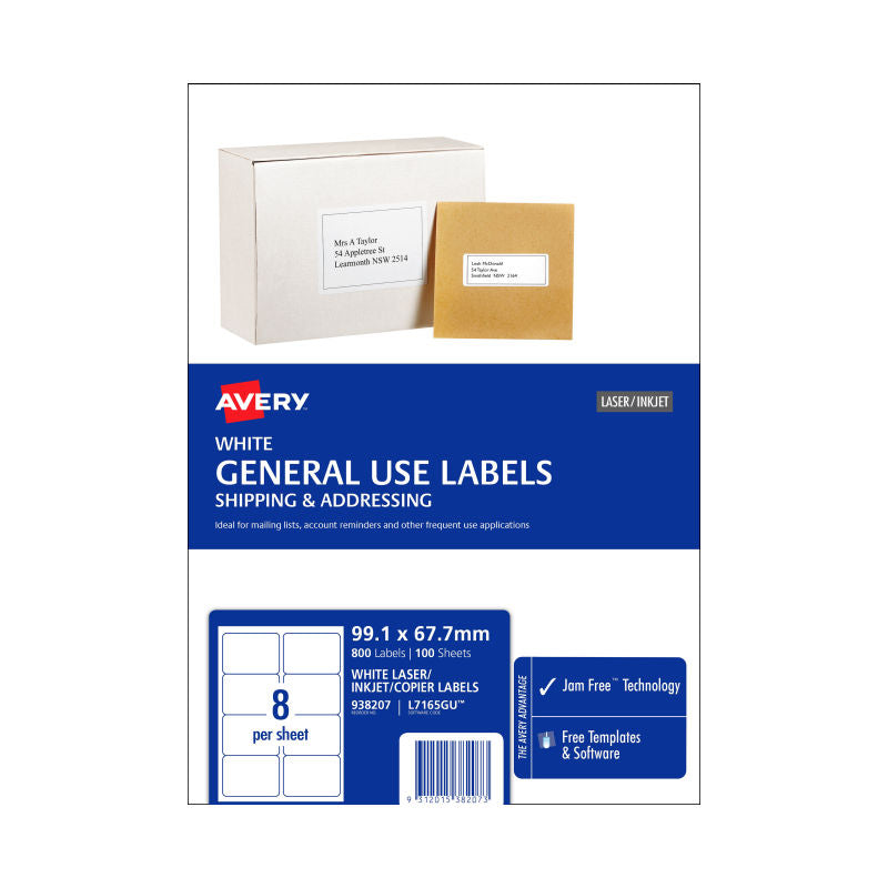 Avery L7165GU General Use Labels - 99.1 x 67.7mm - 8 Labels per Sheet - Pack of 100 Sheets