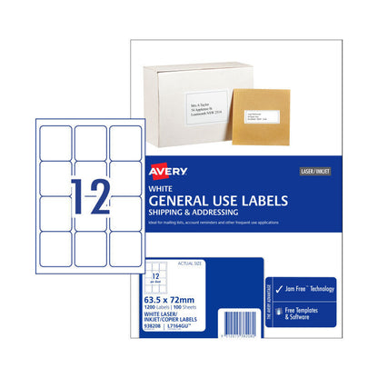 Avery L7164GU General Use Labels - 63.5 x 46.6mm - 12 Labels per Sheet - Pack of 100 Sheets