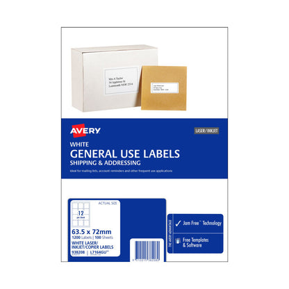 Avery L7164GU General Use Labels - 63.5 x 46.6mm - 12 Labels per Sheet - Pack of 100 Sheets
