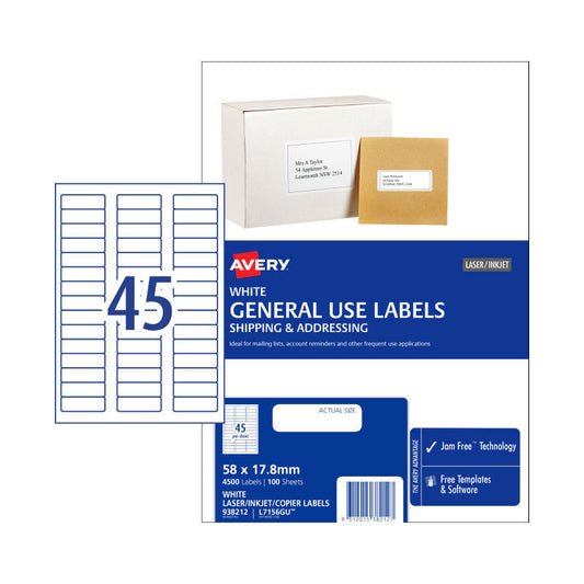 Avery L7516GU General Use Labels - 45.7 x 21.2mm - 45 Labels per Sheet - Pack of 100 Sheets
