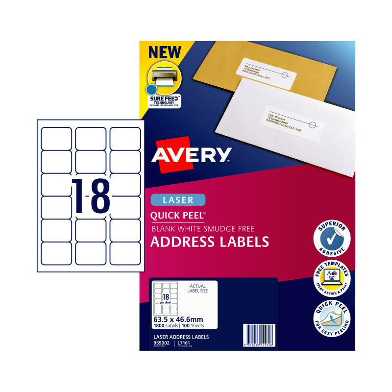 Avery L7161 Laser Labels - 63.5 x 46.6mm - 18 Labels per Sheet - Pack of 100 Sheets