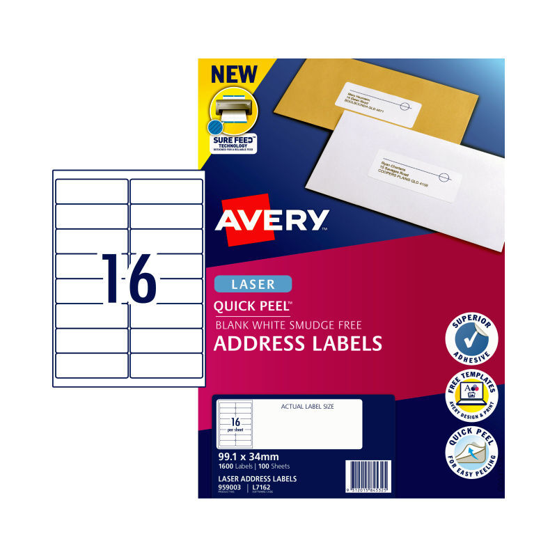 Avery L7162 QuickPEEL Laser Labels - 99.1 x 34mm - 16 Labels per Sheet - Pack of 100 Sheets