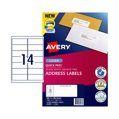 Avery L7163 QuickPEEL Laser Labels - 99.1 x 38.1mm - 14 Labels per Sheet - Pack of 100 Sheets