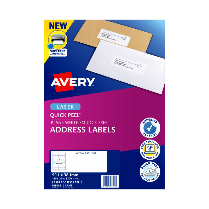 Avery L7163 QuickPEEL Laser Labels - 99.1 x 38.1mm - 14 Labels per Sheet - Pack of 100 Sheets