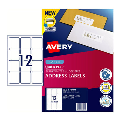 Avery L7164 QuickPEEL Laser Labels - 63.5 x 72mm - 12 Labels per Sheet - Pack of 100 Sheets