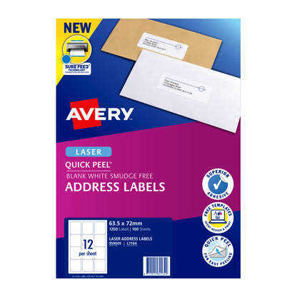 Avery L7164 QuickPEEL Laser Labels - 63.5 x 72mm - 12 Labels per Sheet - Pack of 100 Sheets