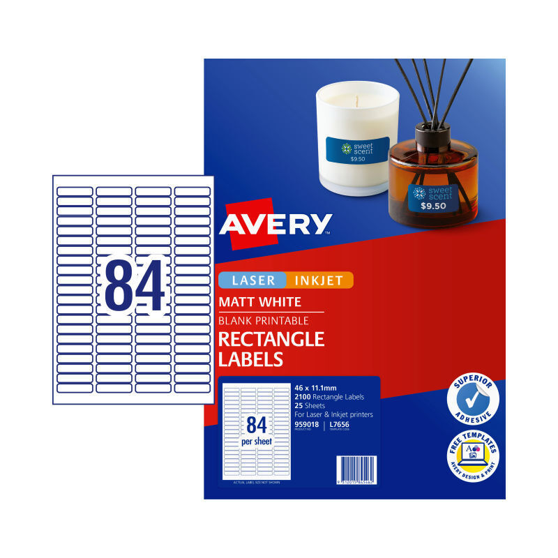 Avery L7656 Multipurpose Labels - 46 x 11.1mm - 84 Labels per Sheet - Pack of 25 Sheets