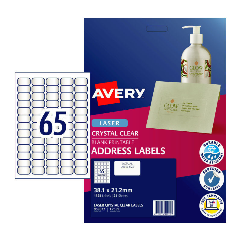 Avery L7551 Clear Laser Labels - 38.1 x 21.2mm - 65 Labels per Sheet - Pack of 25 Sheets