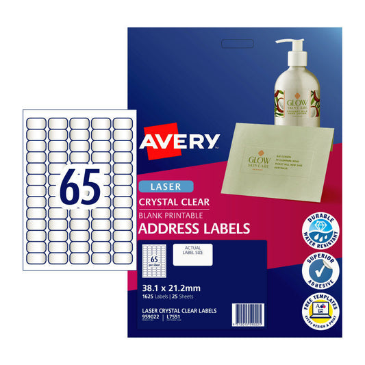 Avery L7551 Clear Laser Labels - 38.1 x 21.2mm - 65 Labels per Sheet - Pack of 25 Sheets