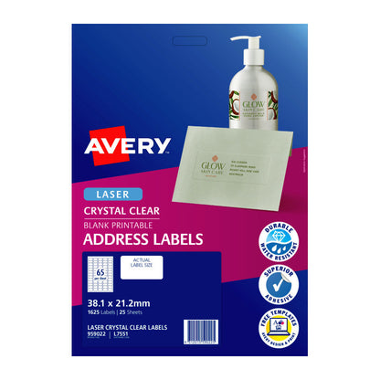 Avery L7551 Clear Laser Labels - 38.1 x 21.2mm - 65 Labels per Sheet - Pack of 25 Sheets