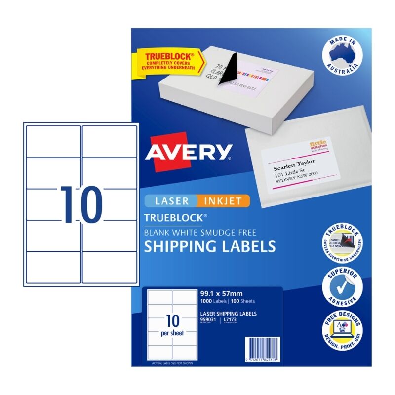 Avery L7173 Laser Labels - 99.1 x 57 mm - 10 Labels per Sheet - Pack of 100 Sheets