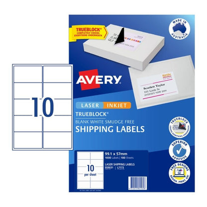 Avery L7173 Laser Labels - 99.1 x 57 mm - 10 Labels per Sheet - Pack of 100 Sheets