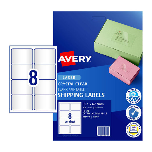 Avery L7565 Clear Laser Labels - 99.1 x 67.7mm - 8 Labels per Sheet - Pack of 25 Sheets