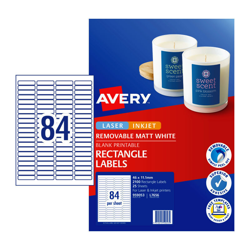 Avery L7656REV Removable Laser Labels - 46 x 11.1mm - 84 Labels per Sheet - Pack of 25 Sheets
