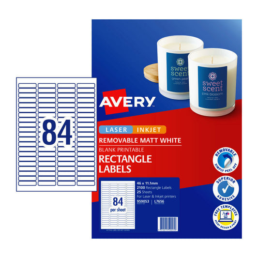 Avery L7656REV Removable Laser Labels - 46 x 11.1mm - 84 Labels per Sheet - Pack of 25 Sheets