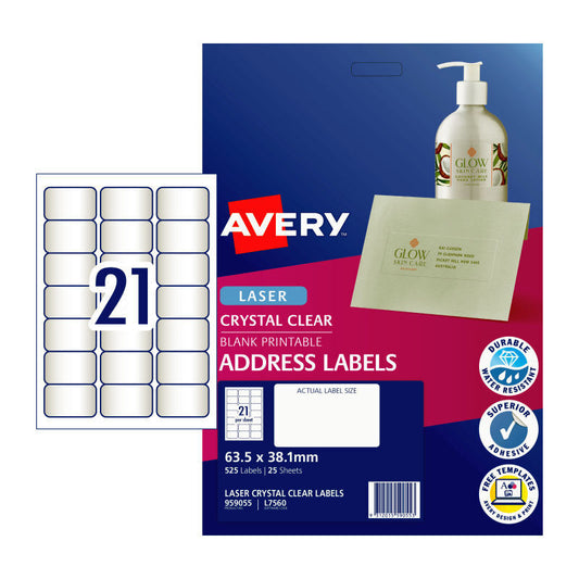 Avery L7560 Clear Laser Labels - 63.5 x 38.1mm - 21 Labels per Sheet - Pack of 25 Sheets