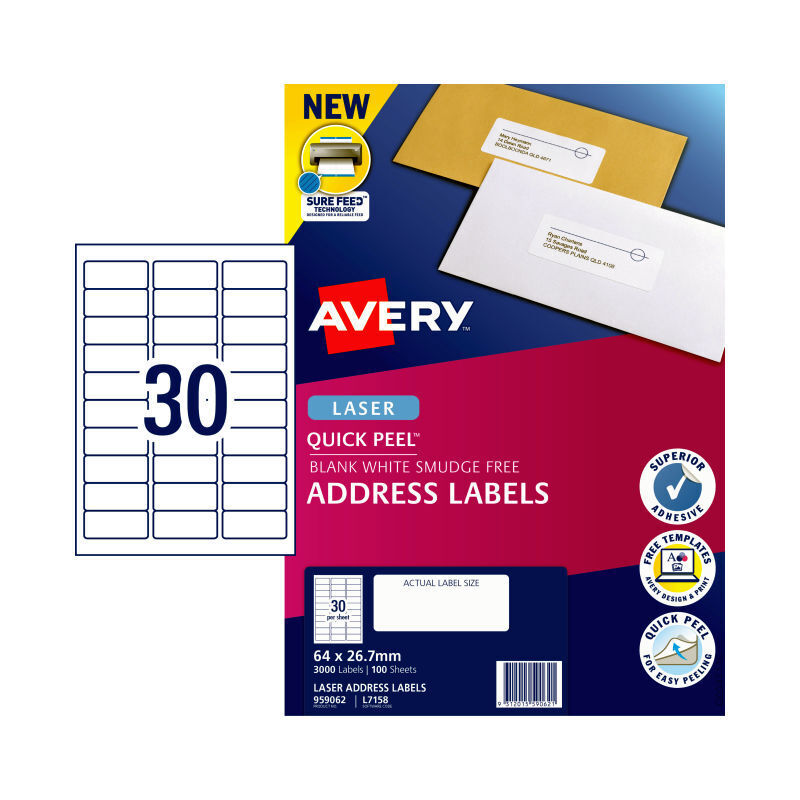 Avery L7158 Laser Labels - 64.6 x 25.4mm - 30 Labels per Sheet - Pack of 100 Sheets