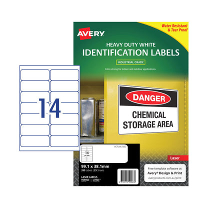 Avery L7063 Heavy Duty Laser Labels - 99.1 x 38.1mm - 14 Labels per Sheet - Pack of 25 Sheets