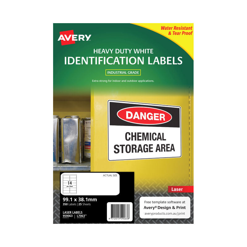 Avery L7063 Heavy Duty Laser Labels - 99.1 x 38.1mm - 14 Labels per Sheet - Pack of 25 Sheets