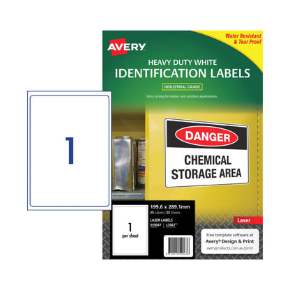Avery L7067 Heavy Duty Laser Labels - 199.6 x 289.1mm - Full Sheet - 1 Label per Sheet - Pack of 25 Sheets