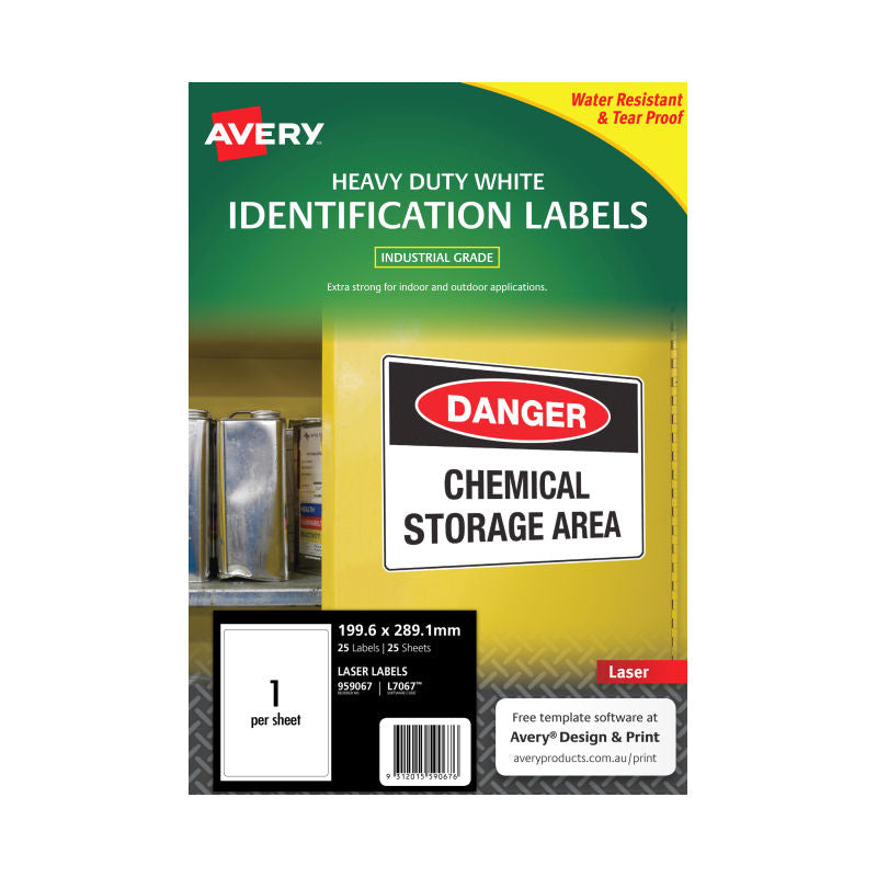 Avery L7067 Heavy Duty Laser Labels - 199.6 x 289.1mm - Full Sheet - 1 Label per Sheet - Pack of 25 Sheets