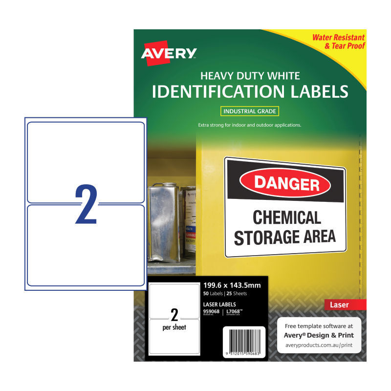 Avery L7068 Heavy Duty Laser Labels - 199.6 x 143.5mm - 2 Labels per Sheet - Pack of 25 Sheets