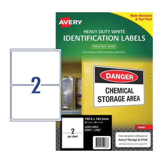 Avery L7068 Heavy Duty Laser Labels - 199.6 x 143.5mm - 2 Labels per Sheet - Pack of 25 Sheets