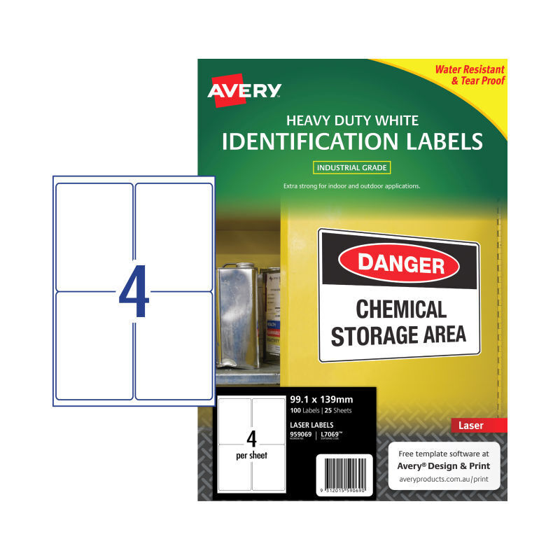 Avery L7069 Heavy Duty Laser Labels - 139 x 99.1mm - 4 Labels per Sheet - Pack of 25 Sheets