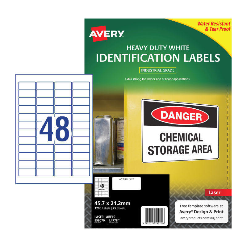 Avery L4778 Heavy Duty Laser Labels - 48 Labels per Sheet - Pack of 25 Sheets - 45.7 x 21.2mm