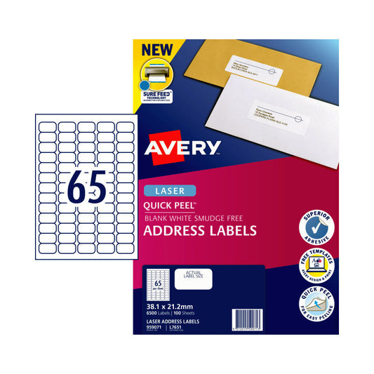 Avery L7651 QuickPEEL Laser Labels - 38.1 x 21.2mm - 65 Labels per Sheet - Pack of 100 Sheets