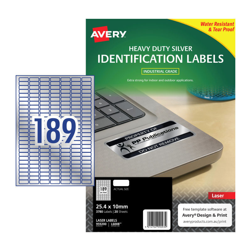 Avery L6008 Silver Laser Labels - 25.4 x 10mm - 189 Labels per Sheet - Pack of 20 Sheets