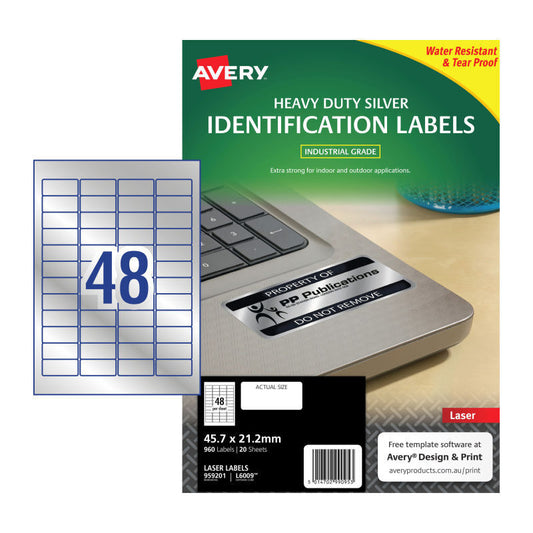 Avery L6009 Silver Heavy Duty Laser Labels - 45.7 x 21.2mm - 48 Labels per Sheet - Pack of 20 Sheets