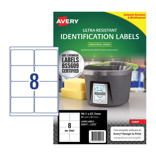 Avery L7914 Outdoor Laser Labels - 99.1 x 57mm - 8 Labels per Sheet - Pack of 10