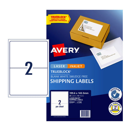 Avery L7168 Inkjet Labels - White - 2 Labels per Sheet - Pack of 10 - 199.6 x 143.5mm