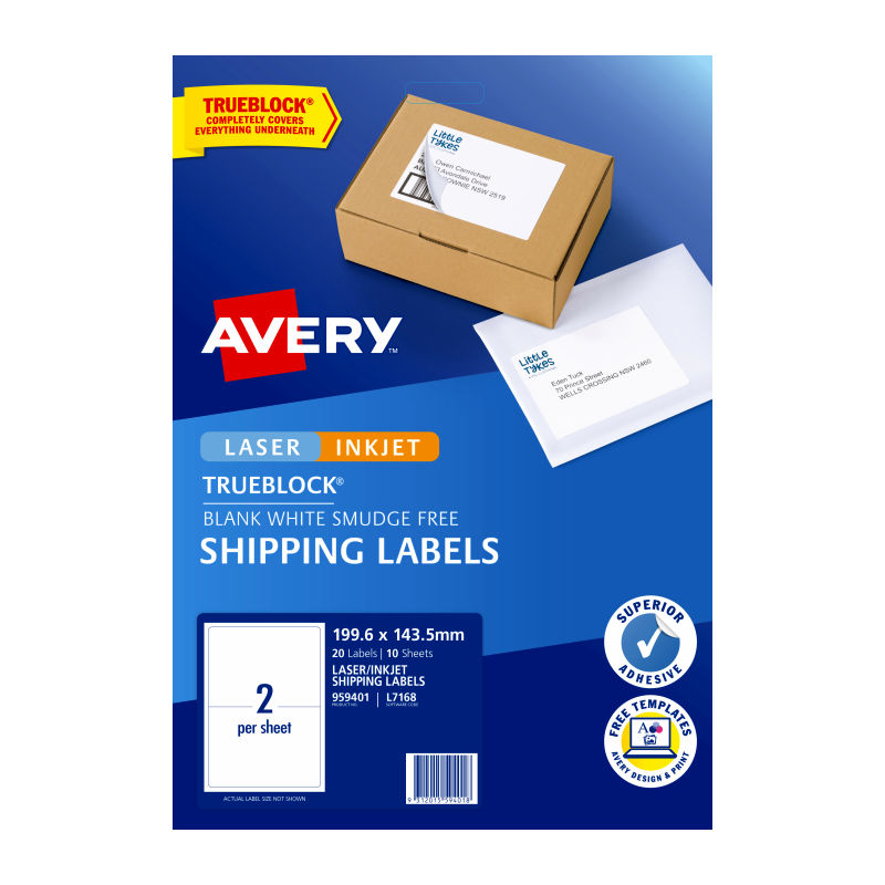 Avery L7168 Inkjet Labels - White - 2 Labels per Sheet - Pack of 10 - 199.6 x 143.5mm