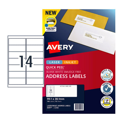 Avery L7163 QuickPEEL Laser Labels - 14 Labels per Sheet - Pack of 10 - 99.1 x 38.1mm