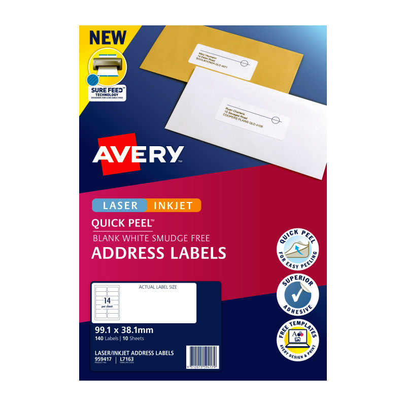 Avery L7163 QuickPEEL Laser Labels - 14 Labels per Sheet - Pack of 10 - 99.1 x 38.1mm