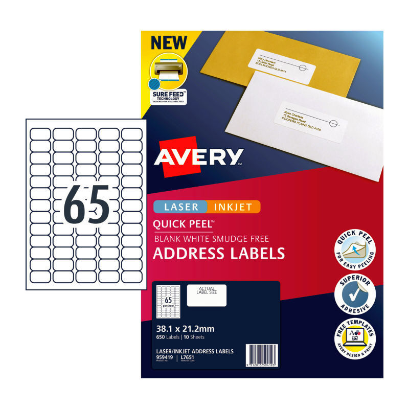 Avery L7651 QuickPEEL Laser Labels - 65 Labels per Sheet - Pack of 10