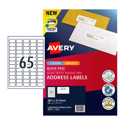 Avery L7651 QuickPEEL Laser Labels - 65 Labels per Sheet - Pack of 10