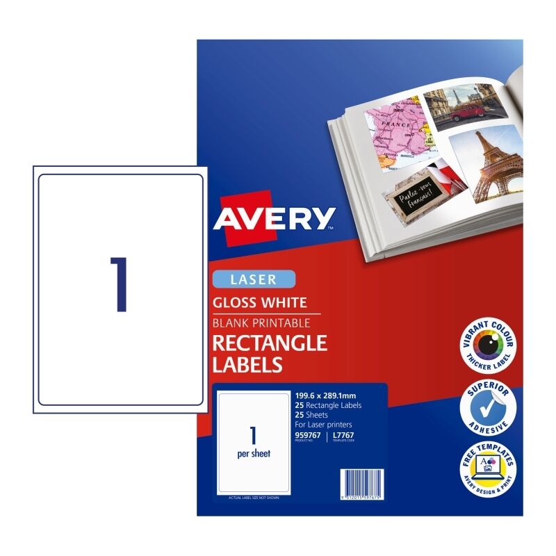 Avery L7767 Glossy Laser Labels - Full Sheet - Pack of 25 - 199.6 x 89.1mm