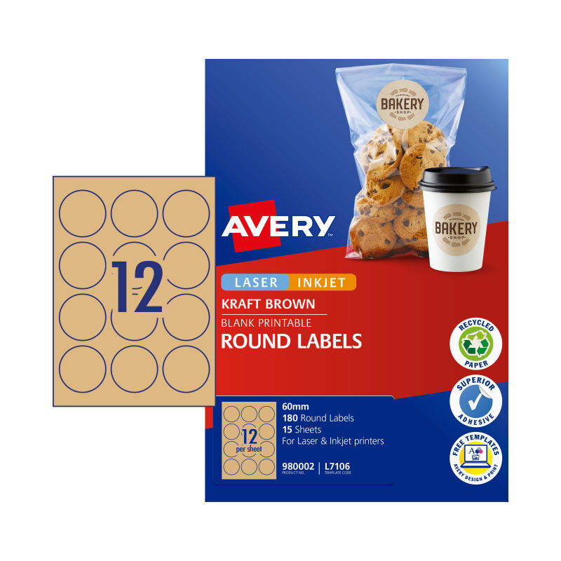 Avery Round Brown Labels - 60mm Diameter - 12 Labels per Sheet - Pack of 15