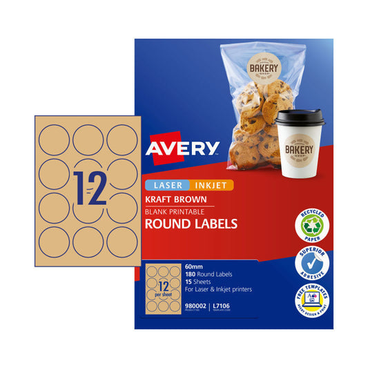 Avery Round Brown Labels - 60mm Diameter - 12 Labels per Sheet - Pack of 15